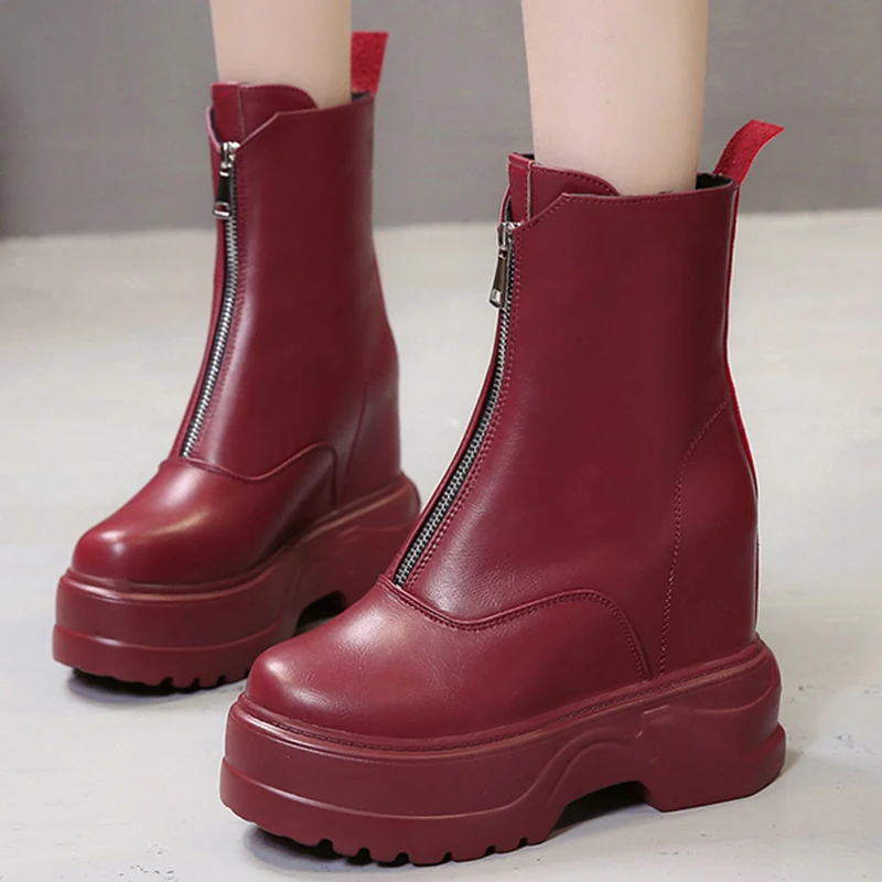 Winter Women Leather Boots Round Toe Platform Height Increasing Chunky Antiskid Bottom High Thick Heels Ladies Shoes Botas Mujer | Обувь