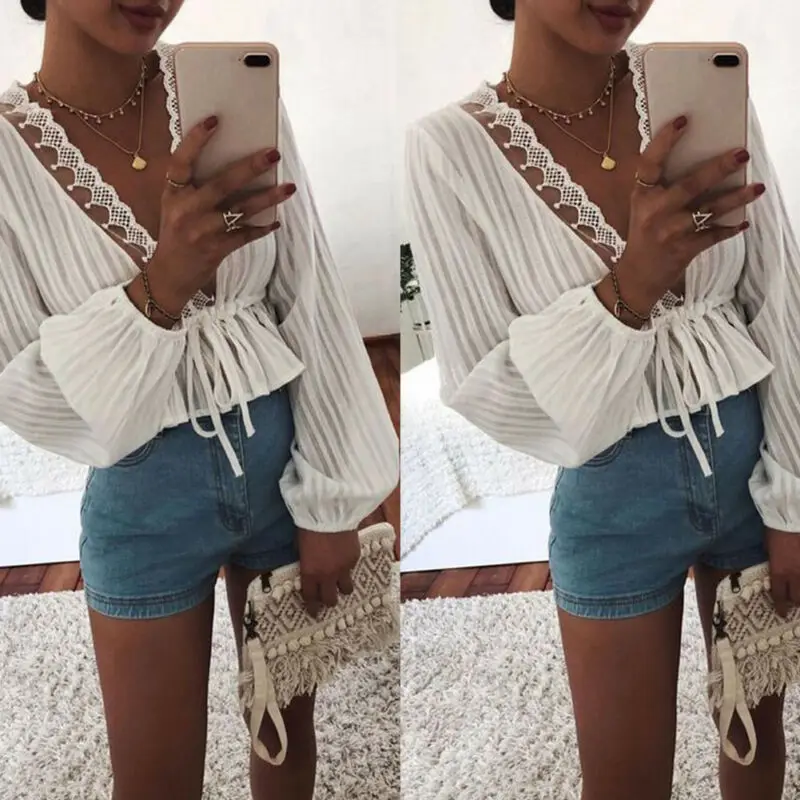 

Women Long Sleeve Loose Lace Chiffon Elegant Sexy Blouse V Neck Lantern Sleeve Casual Lady Office Shirts Tops Summer Clothes2019