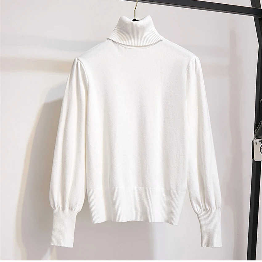 

2020 Winter Thick Warm Turtleneck Sweater Women Lantern Sleeve Elegant White Black Sweaters Knitted Pullover High Quality Jumper