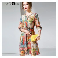 2021 spring and autumn fashion womens clothing new silk printed dress v neck seven sleeve mulberry silk party a shaped dress