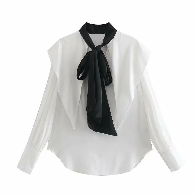 

Женские блузки, топы, рубашки с длинными рукавами в уличном стиле с галстуком-бабочкой контраст Цвет Лук рюшами элегантная однотонная обувь...