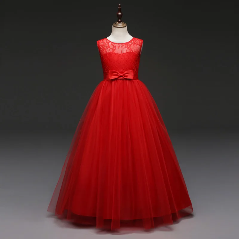 

2021 New Girls Sleeveless Sashes Bow Red Blue Princess Dress Kids Elegant Party Prom Ball Gown Children Costume 3-14 Year