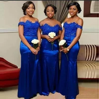 2020 summer royal blue bridesmaid dresses lace appliques off the shoulder boat neck sheath bridal guest long evening party gowns