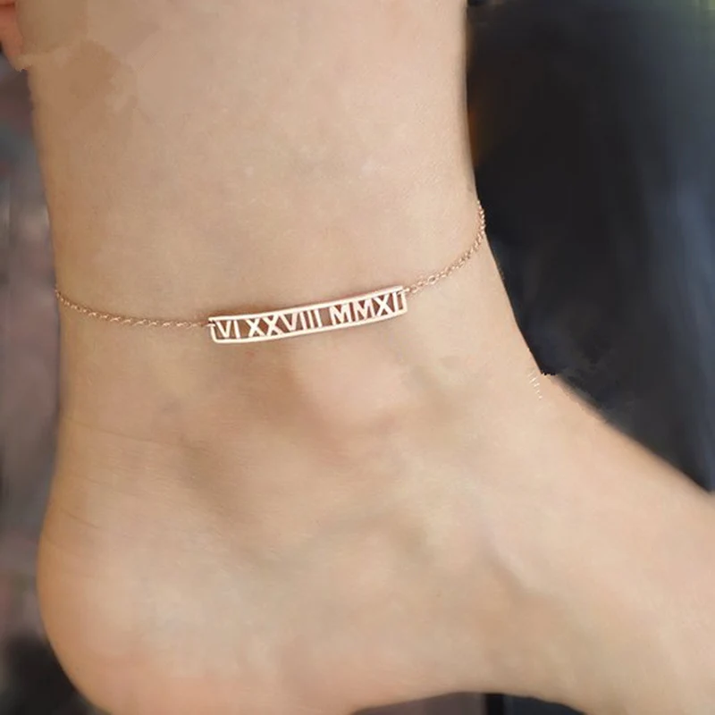 

Custom Ankle Bracelet Roman Numerals Personalized Anklet Stainless Steel Custom Roman Number Pendant Anklets Gold Jewelry Gift