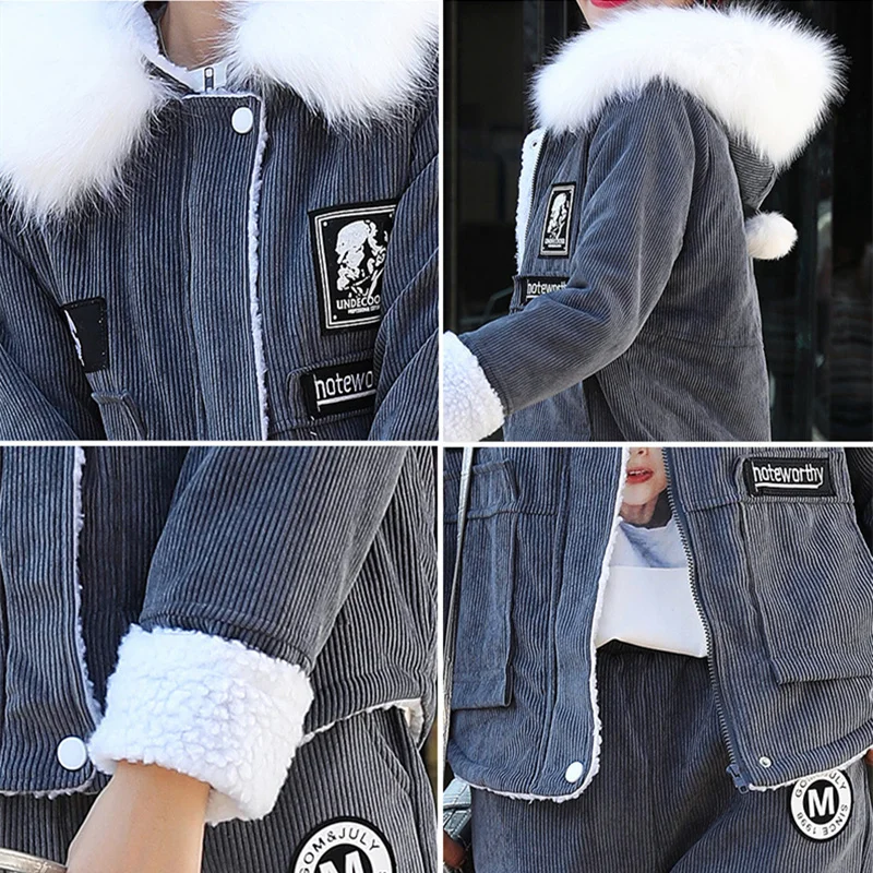 Женский вельветовый спортивный костюм теплый с капюшоном и длинными штанами