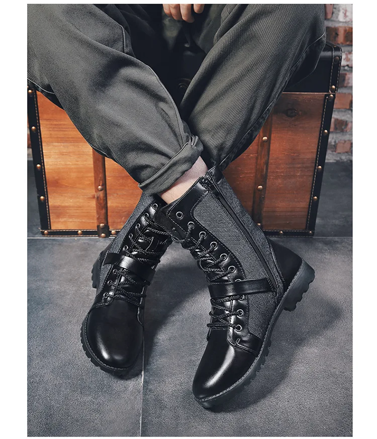 Winter Men Motorcycle Boots Fashion Mid-Calf Punk Rock Punk Shoes Mens BootsLeather Black High top Casual Boot Man