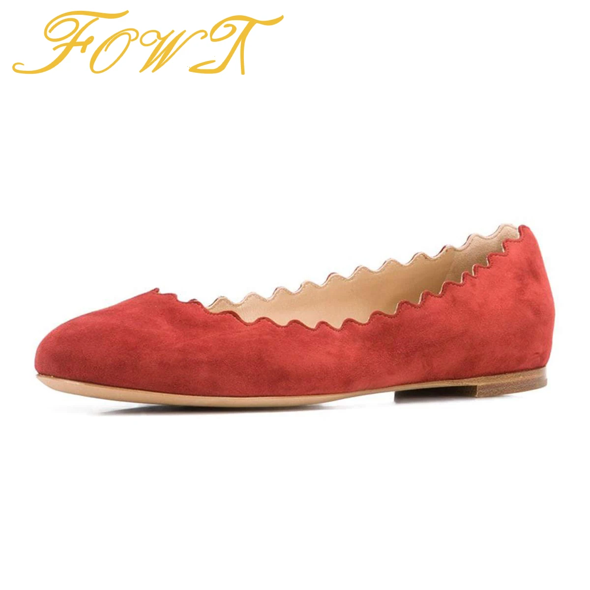 Wave Pattern Edge Suede Classic Round Toe Women Ballet Flats Super Low Heel Flat Solid Color Ladies Casual Shoes Big Size 14 15