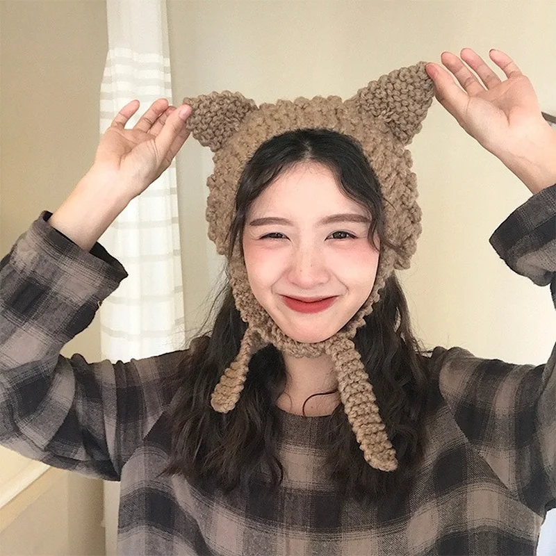 

Ins Wool Earmuffs Winter Warm Cute Cat Ears Korean Retro Knitted Lace-up Ear Wrap Ear Caps Women's Hats