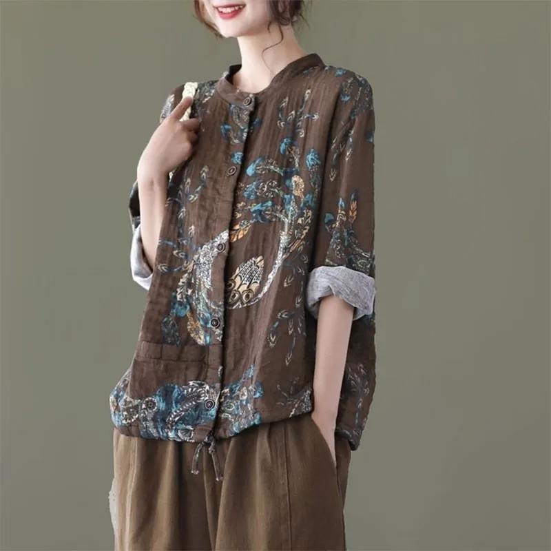 2020 Autumn New Arts Style Women Long Sleeve Single-breasted Loose Shirts Vintage Print Cotton Linen Blouse Femme Tops M477