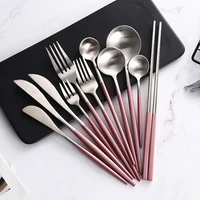 pink silver stainless steel western tableware steak knife fork coffee spoon teaspoon butter knives chopstick gold cutlery set