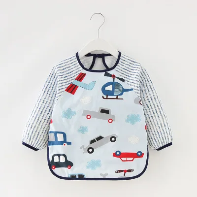 Sky blue Cartoon Long Sleeve Baby Bibs Cotton Waterproof Reversible Bandana Bibs Children Eating Drawing Apron Baby Feeding Burp Cloth - Color: Sky blue