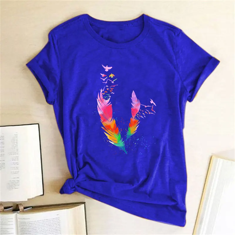 

2021 Summer Colorful Feathers Short Sleeve T-shirt Printing Short Sleeved T-shirt for Women Blouse Fashion Tops