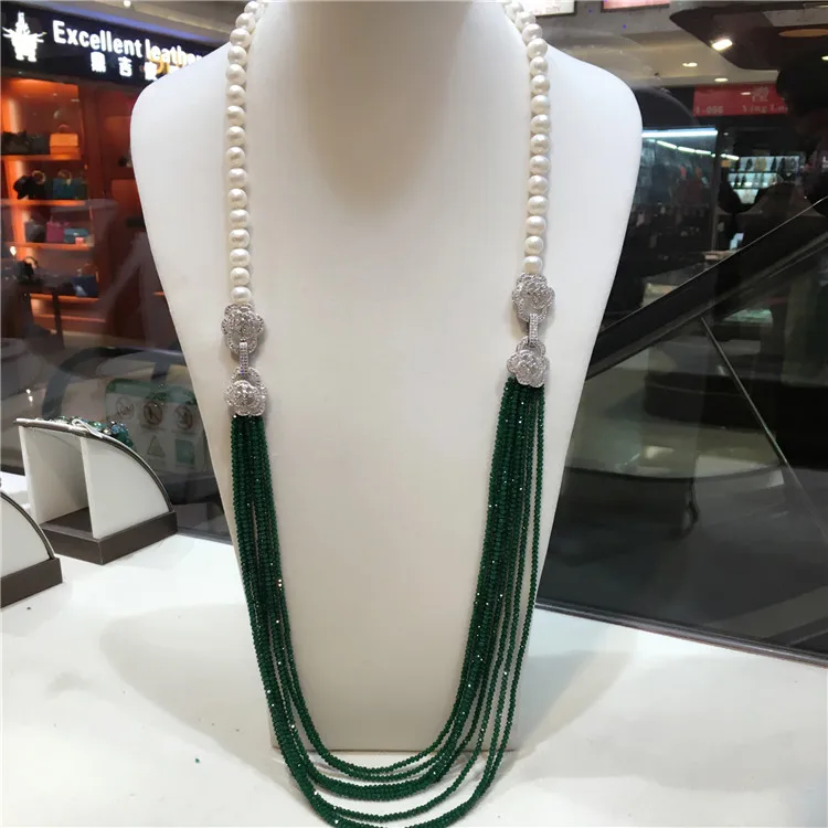 hot sell 9 -10 mm white freshwater pearl necklace green beads multilayer long sweater chain fashion jewelry 32inches
