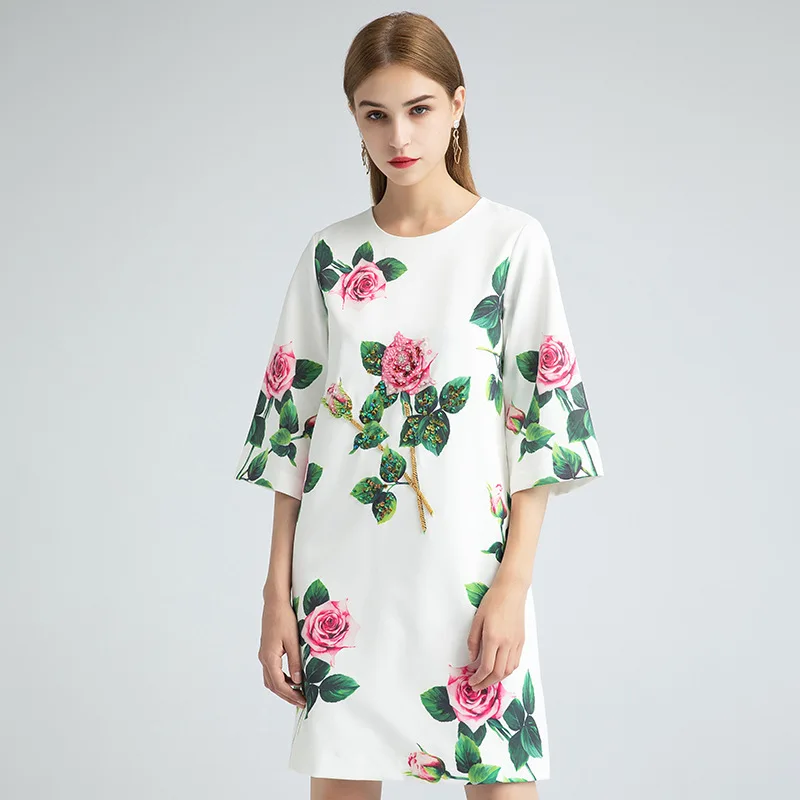 

Fashion Rhinestone Sequined Graceful Skirt Autumn New Three-Quarter Sleeve Rose Printed Dress