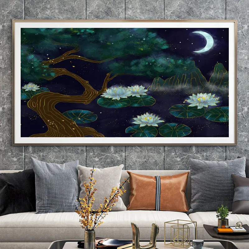 

Canvas Poster Lotus Moonlight Prints Modern Home Decor Abstract Wall Art Picture Decoration Painting For Living Room Posters