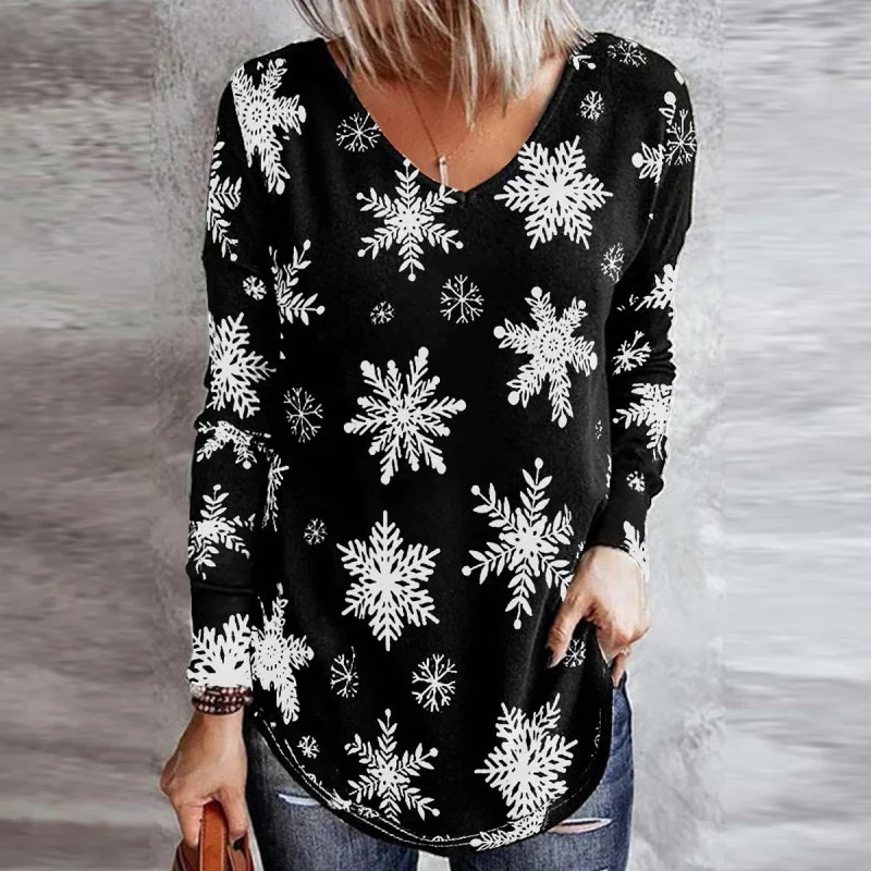 

Women Sexy V Neck Blouse Pullover Fashion Snowflake Print Harajuku Shirt Blusas Casual Vintage Long Sleeve Loose Tops Streetwear