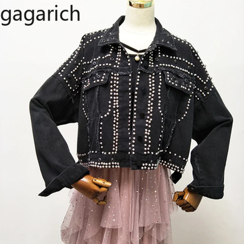 Gagarich Осенняя Женская Harajuku красная джинсовая куртка пальто Тяжелая ручная расшитая бисером заклепка короткая черная джинсовая куртка Студенческая Базовая куртка наряд