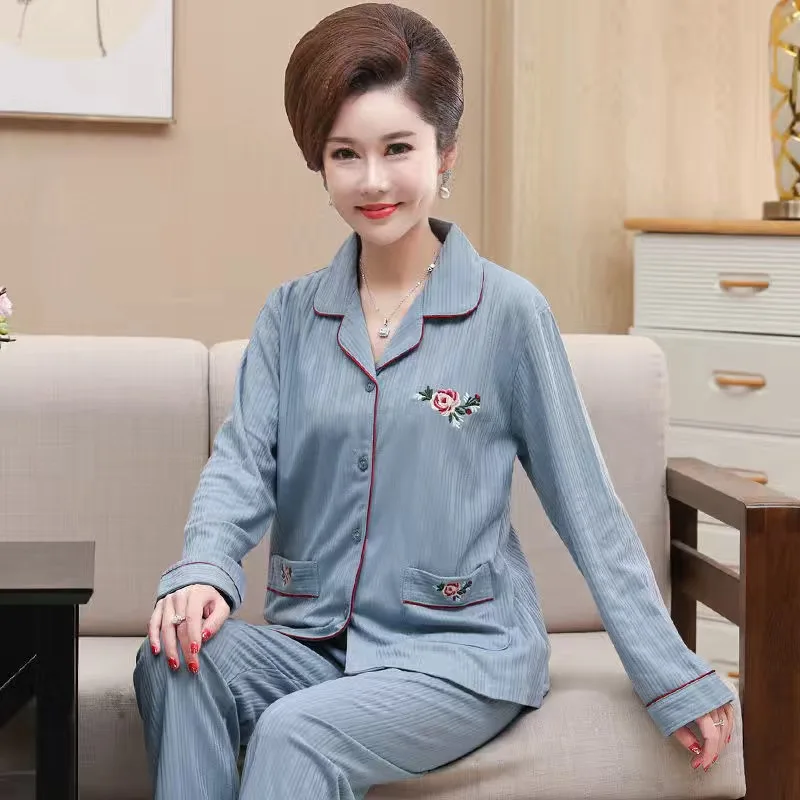 Fdfklak M-4XL Elegant Middle Aged Mother's Pajamas Set Long Sleeve Pant Sleepwear Women Suit Large Size Cotton Home Clothes