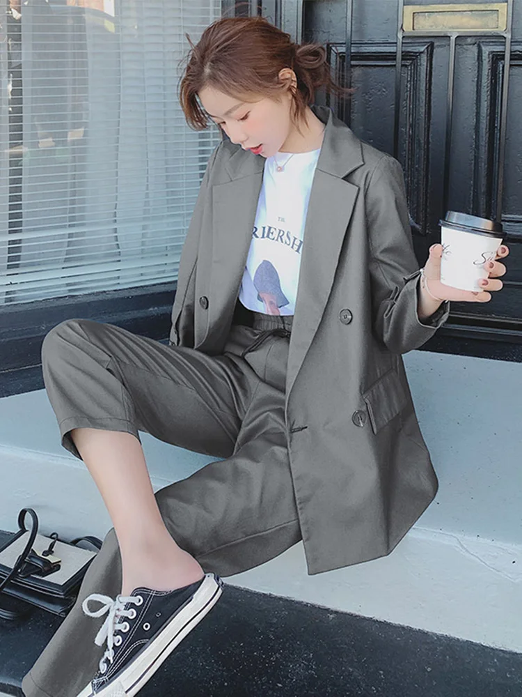 Женские костюмы в Корейском стиле свободное повседневное однотонное синее