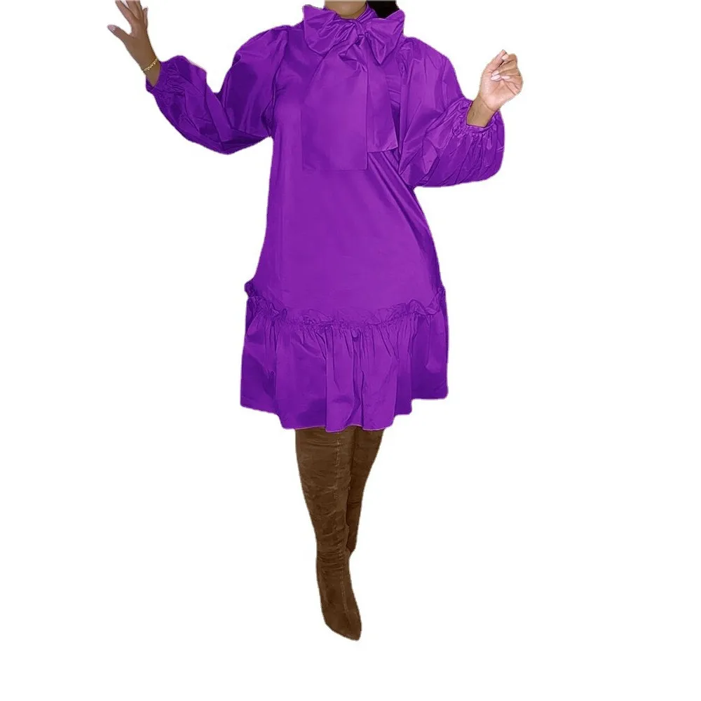 

S-3XLParty Dashiki Dress Women's Solid Color Long Sleeve Bowknot African Clothing Fashion Trend Stitching Pleated Dress 2021 New