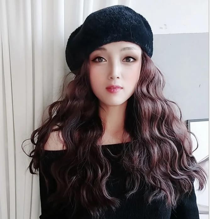 Imitation Mink Beret Wavy Curly Long Synthetic Hair Wigs for Women  Connect False Hair Girl Party Hat Wig Autumn Winter Brown