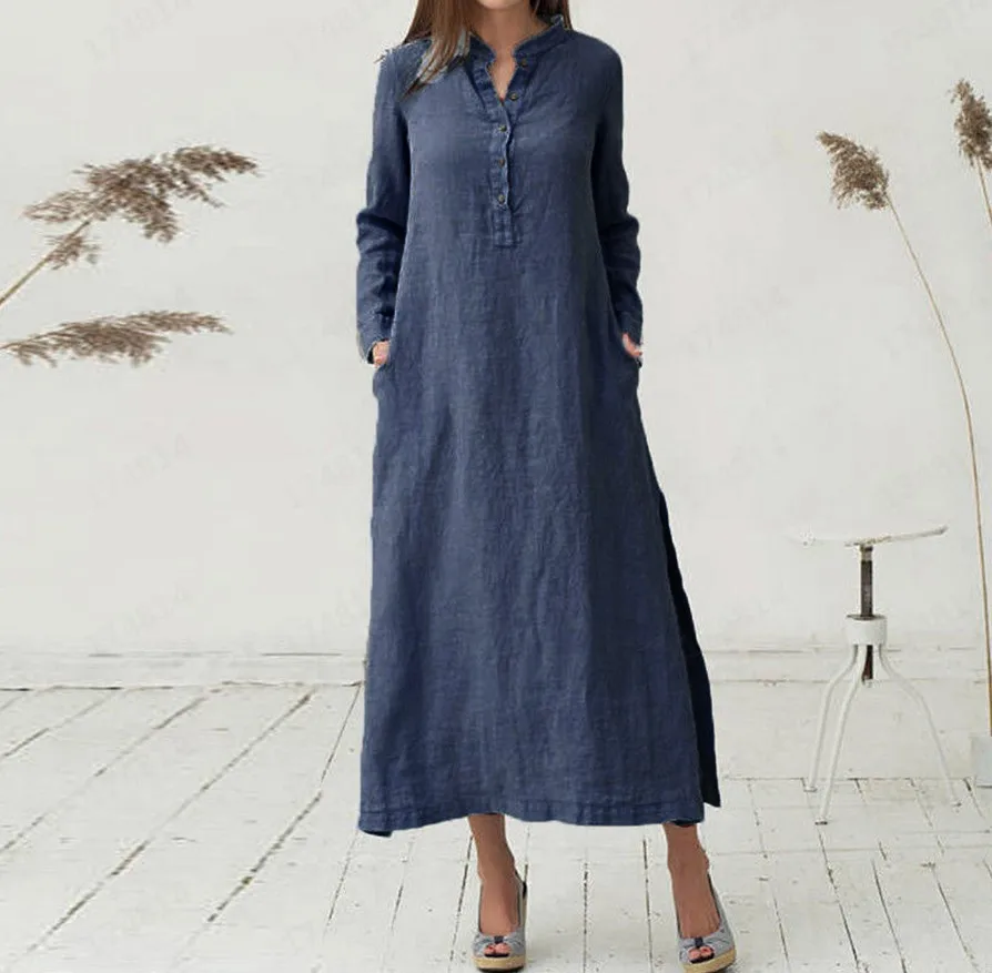 

Large Size Ladies Casual Loose Shirt Long Skirt Lapel Long Sleeve Button Up Shirt Dress Vintage Solid Color Oversize Robe Dress