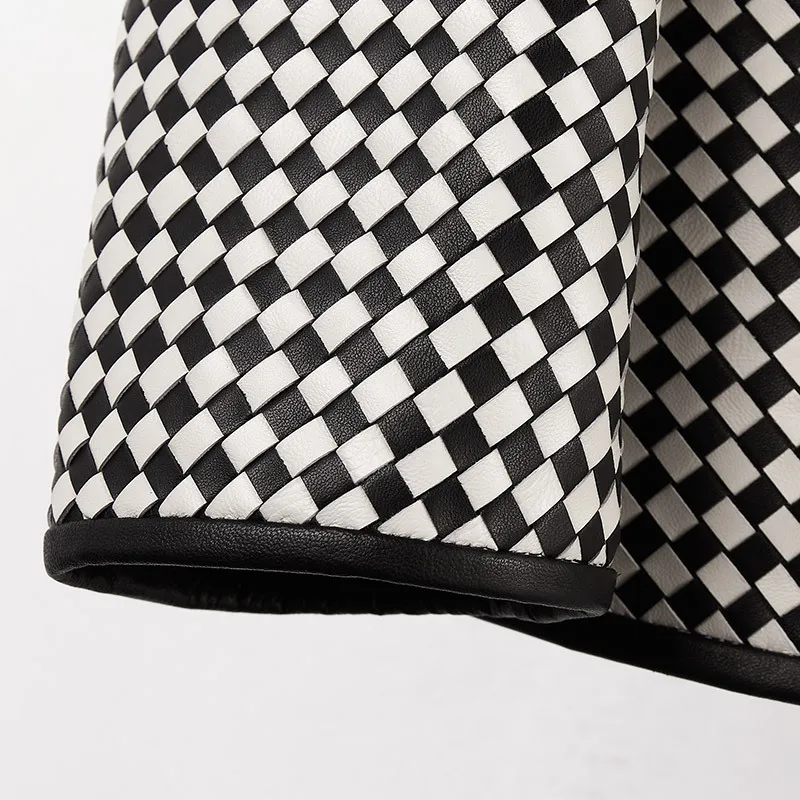Autumn Korean Style Women's High Quality Black White Plaid Kintted Genuine Leather Jackets C251