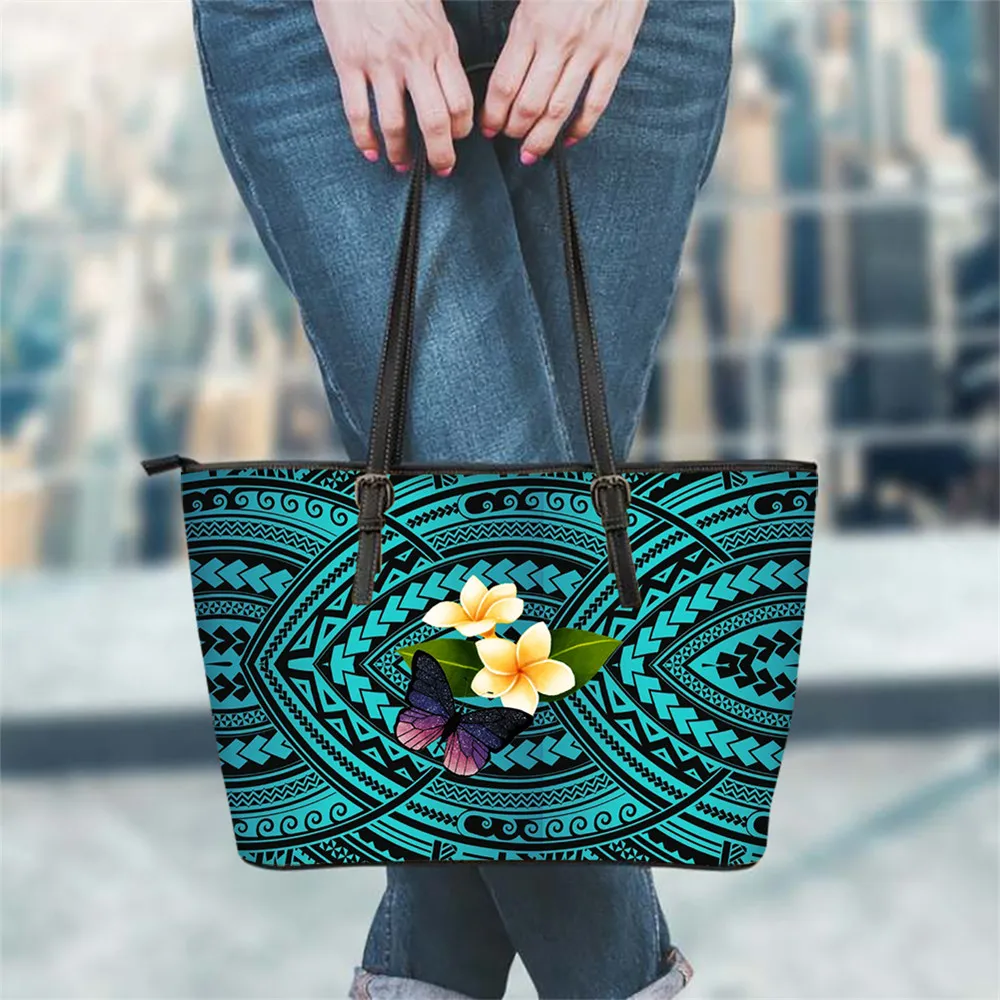 

Customzied High Quality Female Leather Totes Bag Polynesian Plumeria With Butterfly Print Large Capacity Women Messenger Sac