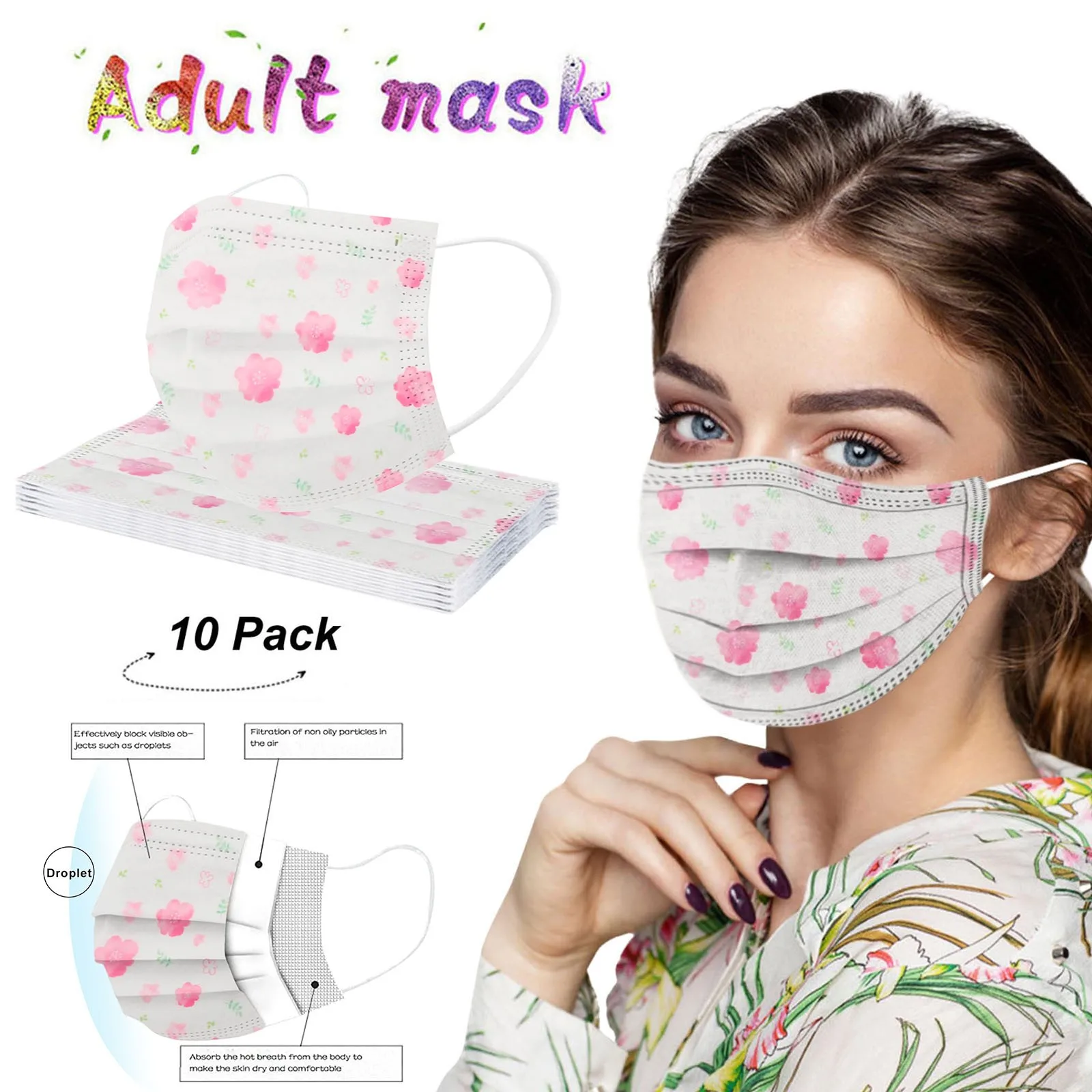 10pcs Adult Floral Printed Masks Mouth-muffle Disposable Flower Pattern Face Mask 3 Layer Ply Meltblown Cloth Filter Facemask | Красота и
