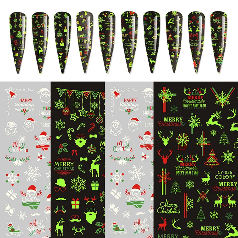 

2 Sheets Noctilucent Xmas Santa Claus Snowflake Christmas Tree Luminous Adhesive Nail Art Stickers Decorations Manicutre DIY