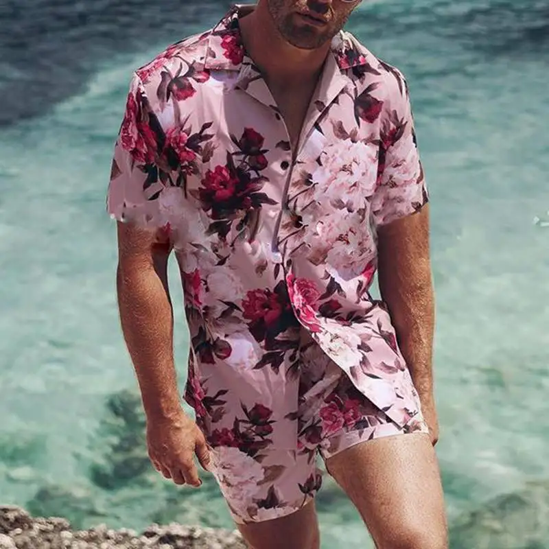 

Men Sets Flower Printed Vacation Breathable Beach Lapel Short Sleeve Shirt Shorts Streetwear Men Hawaiian Suits 2 Pieces