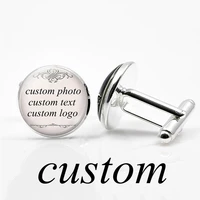 1 pair custom photo company logo text cufflinks glass cabochon alloy cuff links men silver color wedding cufflinks gift