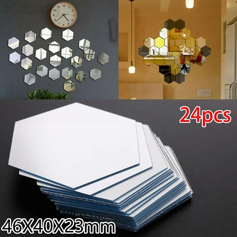 

24Pcs Hexagon Mirror Sticker Wall Stickers Home Decor Self-adhesive Tiles Bathroom Decorative Mirror Stickers Reflective Mirrors