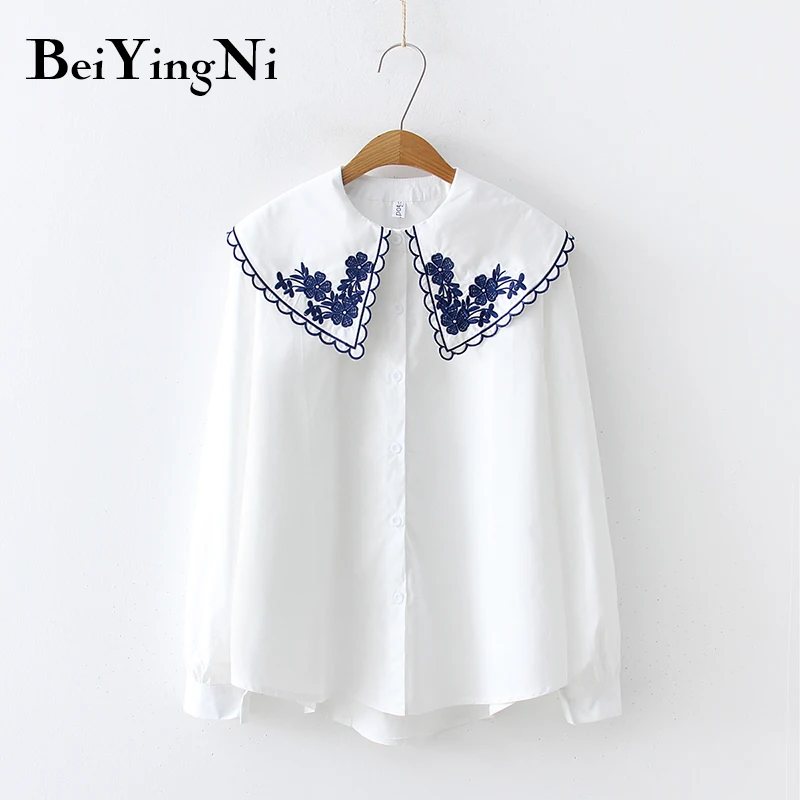 Beiyingni китайский стиль Blusas Mujer белая Цветочная вышивка осенние женские блузки на