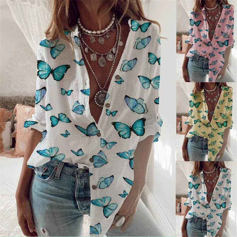 2021 Новая мода с принтом бабочки женские блузки длинным рукавом и v образным