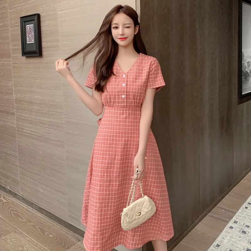 

Женское Повседневное платье-миди в клетку, летнее винтажное пляжное платье, новинка 2022, повседневное и офисное платье, рубашка-сарафан, элег...