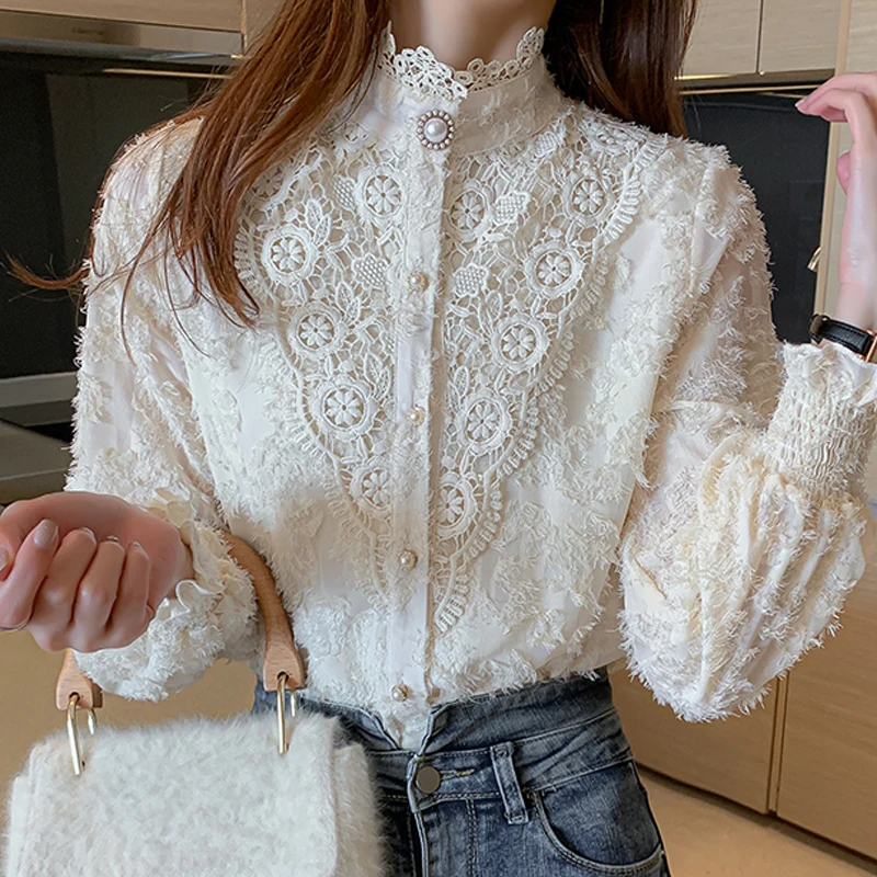 

Женская кружевная блузка с длинным рукавом, с воротником-стойкой