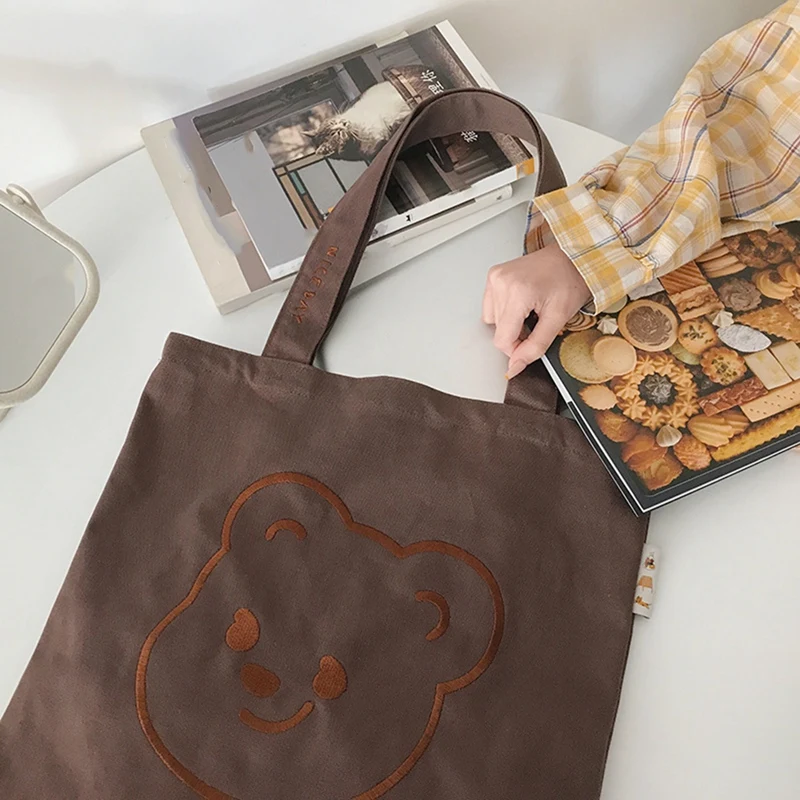 

Embroidery Bear Canvas Women Shoulder Bag Fashion Student School Bag Large Capacity Leisure Shopping Eco Bag
