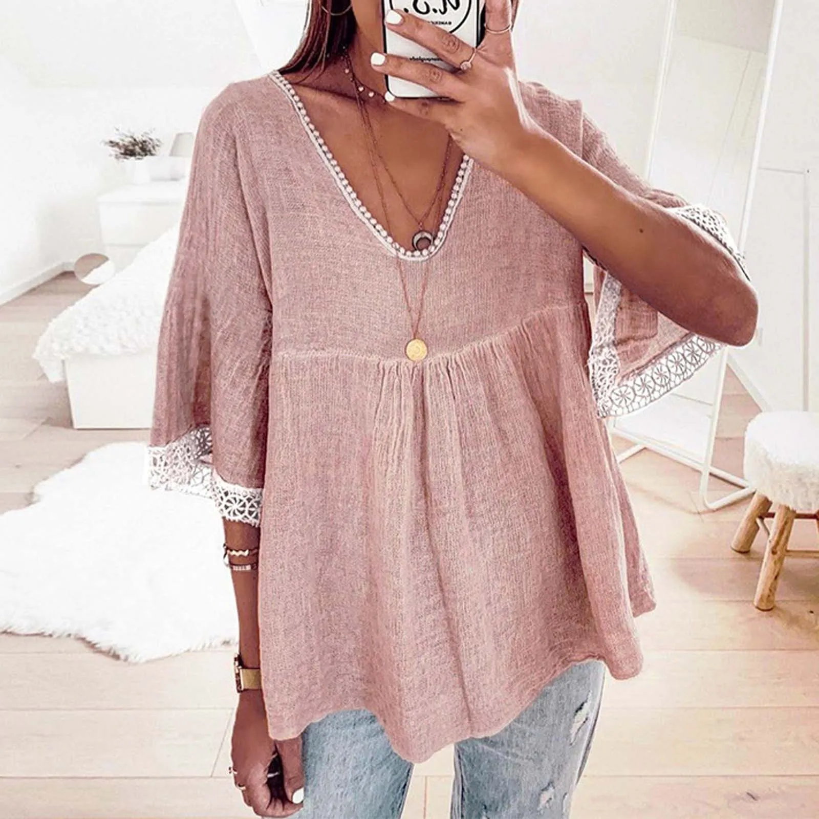 

40# Lace Stitching Blouses Women Five-quarter Sleeve V Neck Pleated Shirts Solid Color Tunic Tops Elegant Blouses Femme Blusas