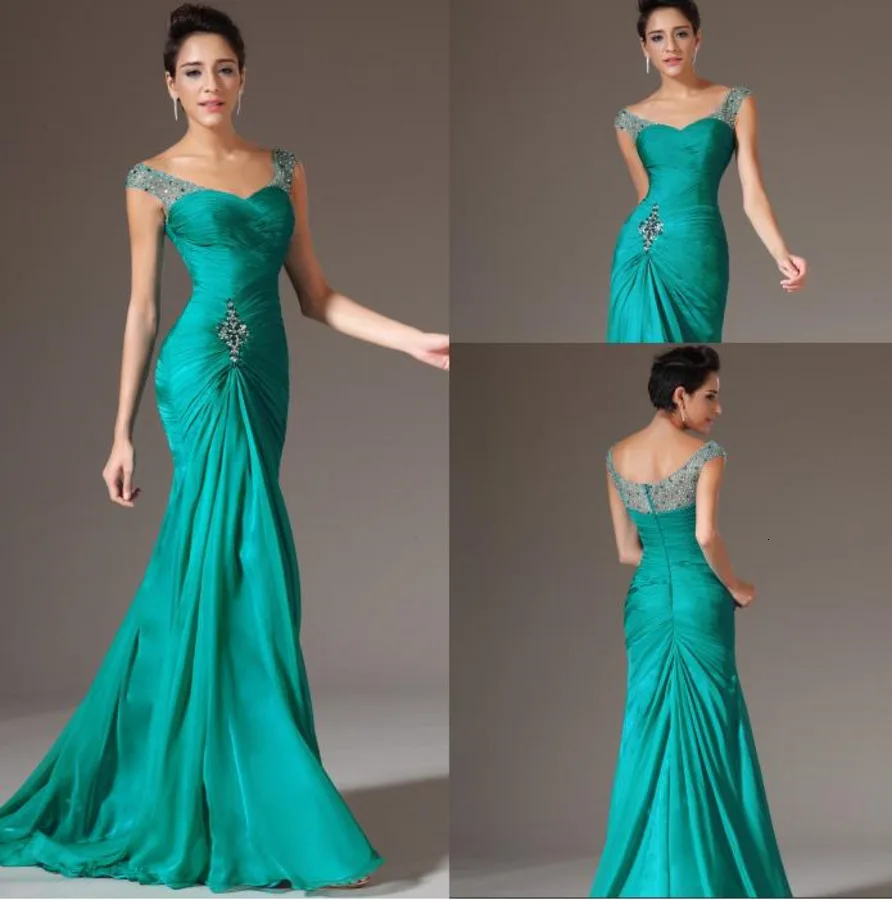 

New Design Best Selling Mermaid V-neck Sweep Train Chiffon Cap Sleeve Prom Dresses Beaded Pleats Discount Prom Gowns Formal