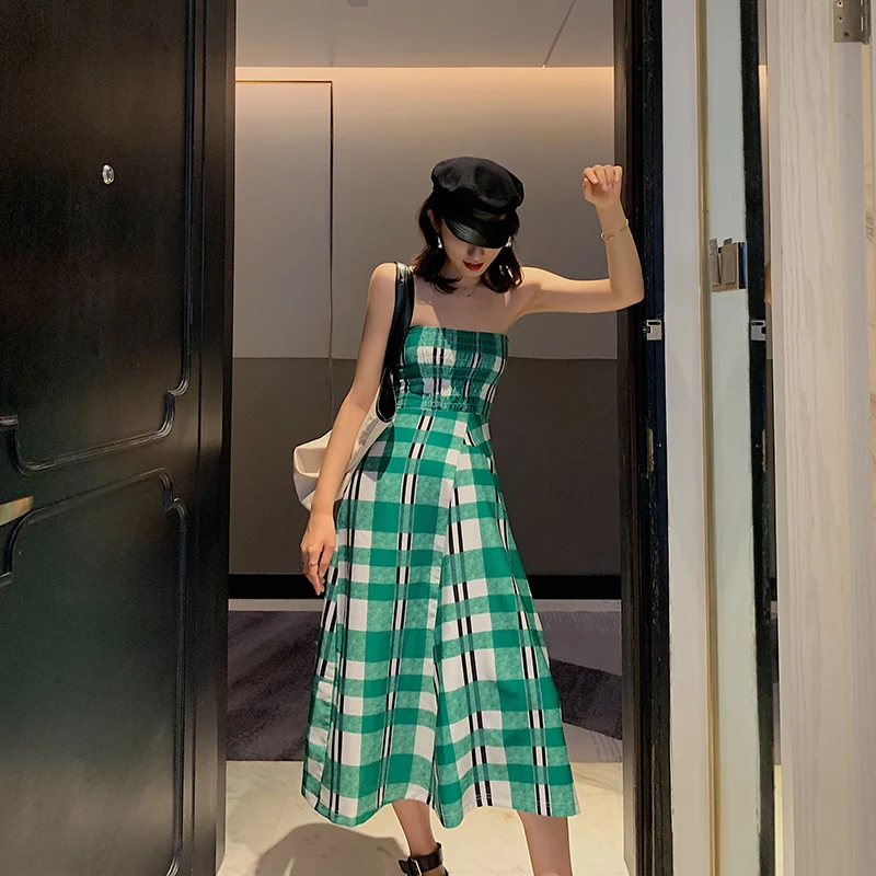 Винтажное клетчатое женское платье без бретелек рукавов в стиле ретро летнее