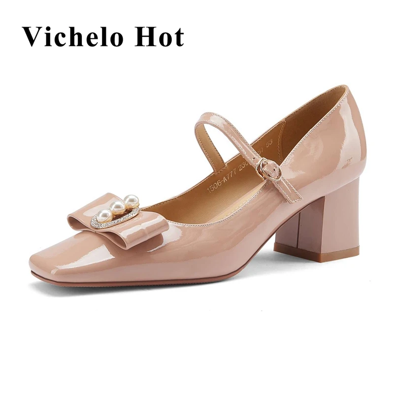 

Vichelo Hot 2021 spring new arrival patent leather square toe high heels buckle strap Mary janes pearl gorgeous omen pumps L35