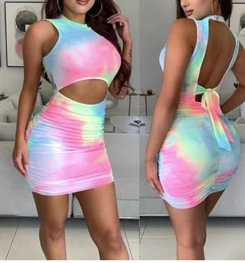 

WomenS Slim Fit Tie-Dyed Dress, Sexy Colorful Crew Neck Sleeveless Bare-Midriff Backless Short Skirt Romper