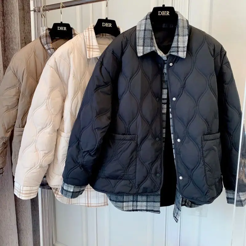 

Women Parkas Large Size 3XL Fake Two Pieces Patchwork Button Vintage Hong Kong Style Loose Classic Fashion Daily Females Winter