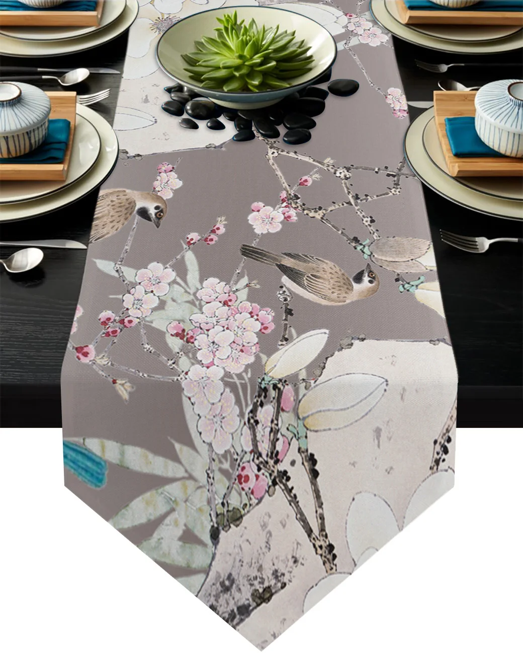 

Gray China Flower And Brid Table Runner Home Kitchen Decorative Table Runner for Wedding Party Cake Floral Tablecloth