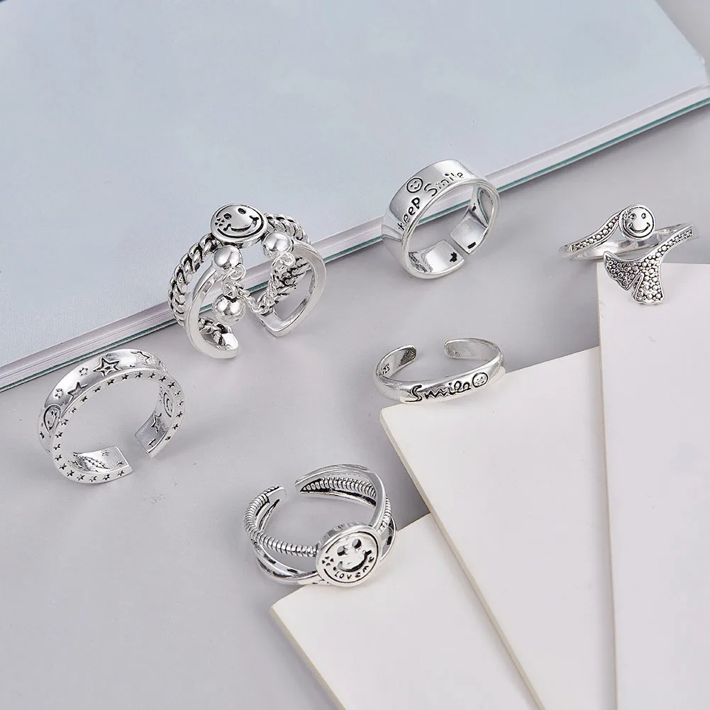Кольцо женское серебристое со смайликом изящное винтажное Открытое кольцо на