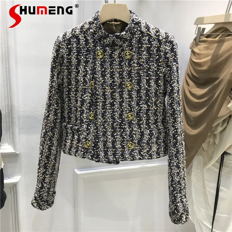

Tweed Short Woolen Coat for Women 2021 Autumn New Temperament Long Sleeve Stand Collar Tweed Jackets Clothes Women