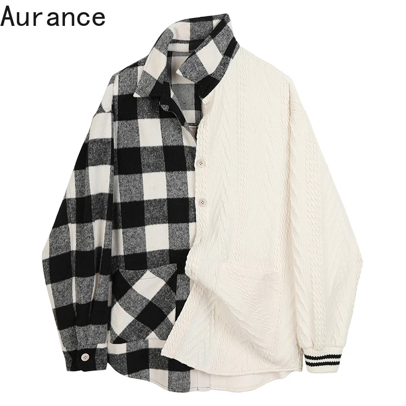 

[Aurance] Women New Lapel White Black Knitting Plaid Big Size Blouse Long Sleeve Loose Shirt Fashion Spring Autumn Clothing 2021