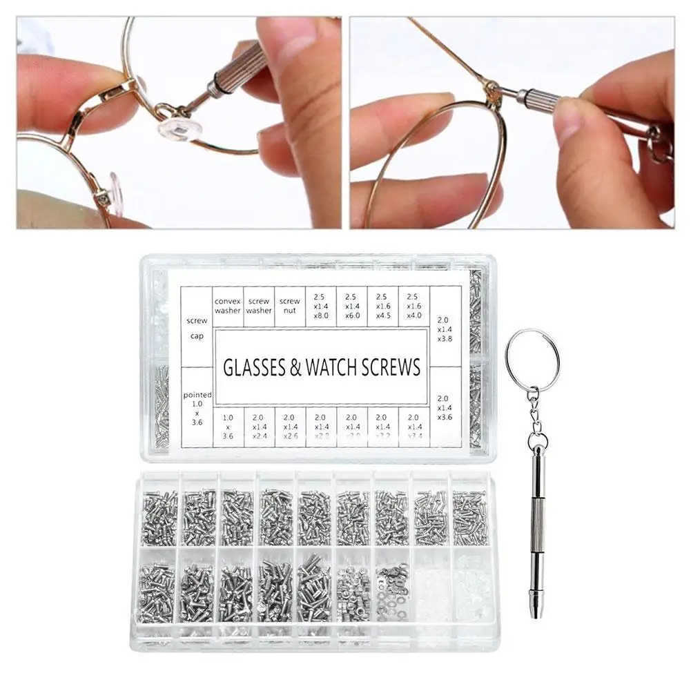 

1000pcs Steel Screw Glasses Watch Sunglass Phone Glasses Kits Tool Screwdriver Repair Set Nuts Screws S8C0