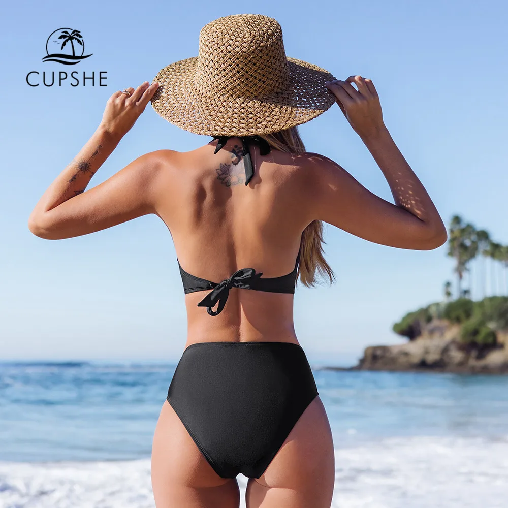 CUPSHE Black Halter Mid Waist Bikini Sets Swimsuit For Women Sexy Back Tie Two Pieces Beachwear 2022 New Bathing Suit Swimwear |